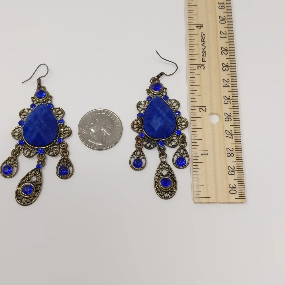 Colbalt Blue Dangle Earrings Filagree Ornate Boho Romantic